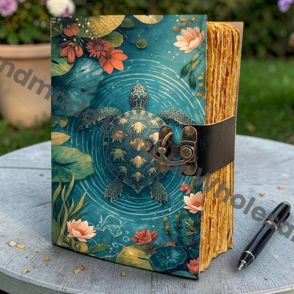 HLW Vintage Turtle Leather Journal, Ocean Inspired Floral Notebook, Handmade Diary, Nature Journal Gift for Him Her,
