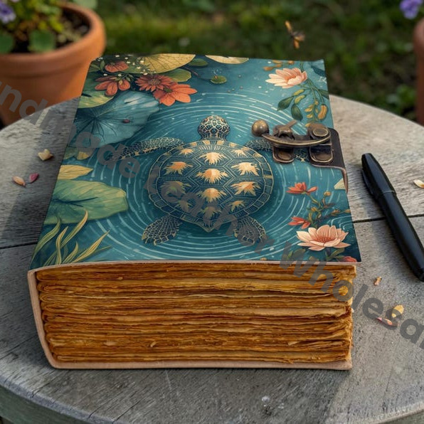HLW Vintage Turtle Leather Journal, Ocean Inspired Floral Notebook, Handmade Diary, Nature Journal Gift for Him Her,