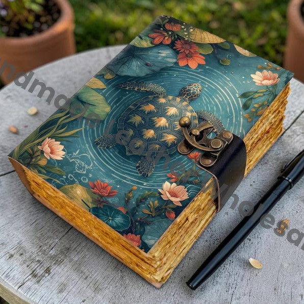 HLW Vintage Turtle Leather Journal, Ocean Inspired Floral Notebook, Handmade Diary, Nature Journal Gift for Him Her,