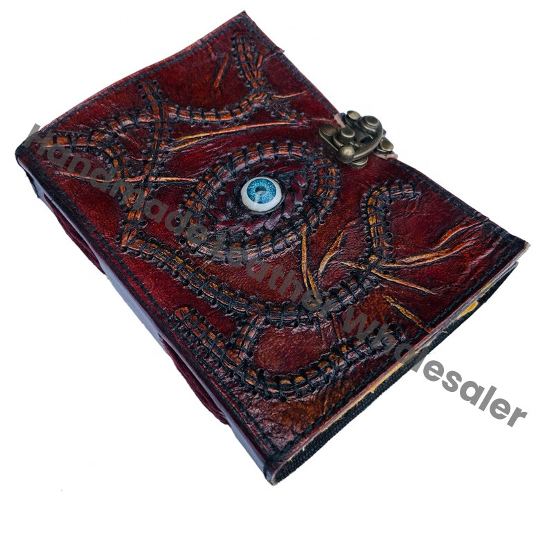 Hocus Pocus Book Spell Handmade Brown Hard Leather Cover Recycled Deckle Sheets God Eye Magical Halloween Decoration Gift