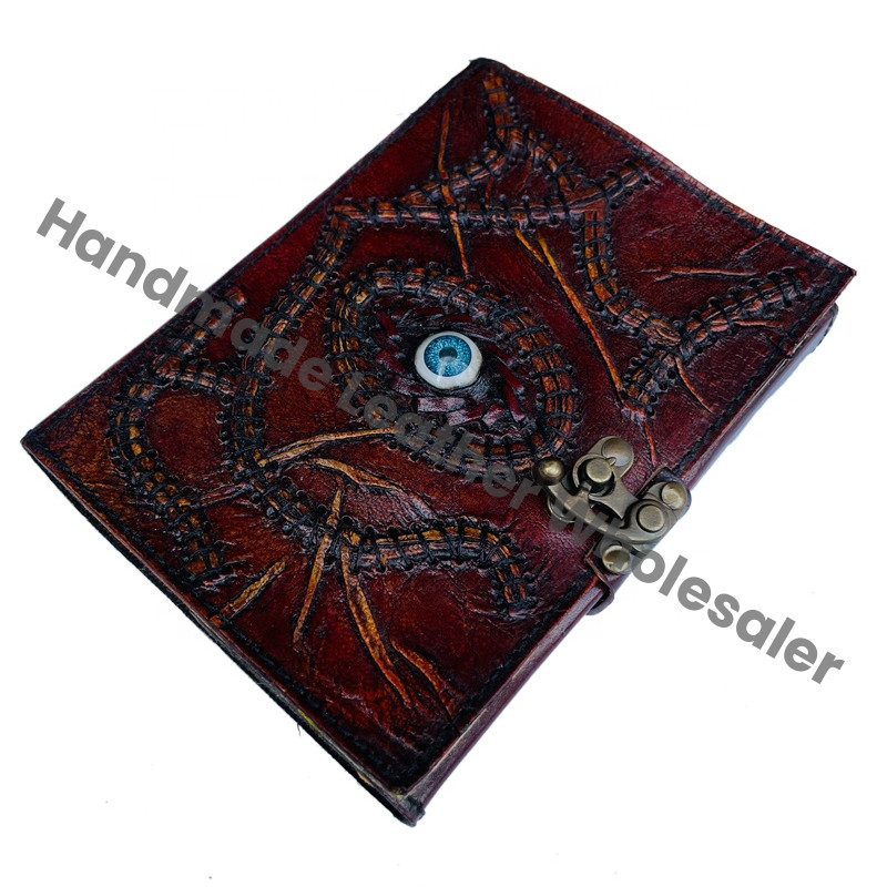 Hocus Pocus Book Spell Handmade Brown Hard Leather Cover Recycled Deckle Sheets God Eye Magical Halloween Decoration Gift