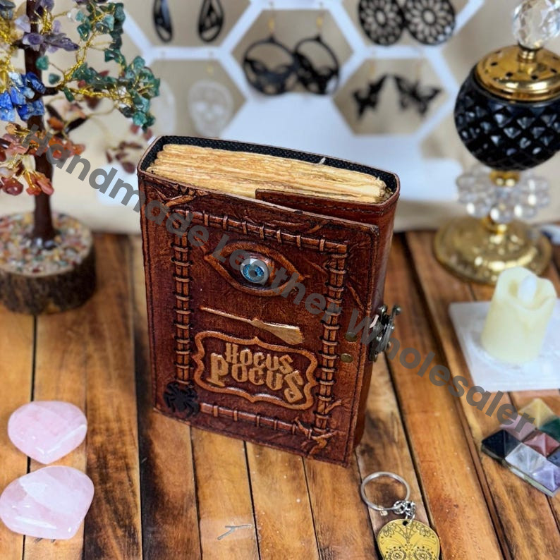 Hocus Pocus Leather Spell Book - 3D Eye Grimoire Journal - Vintage deckle edge Paper