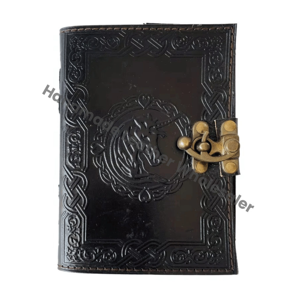 Horse Vintage Leather Book of Spells Unicorn Celtic Wiccan Journals for Writing Black Handmade Embossed Deckle Art Paper