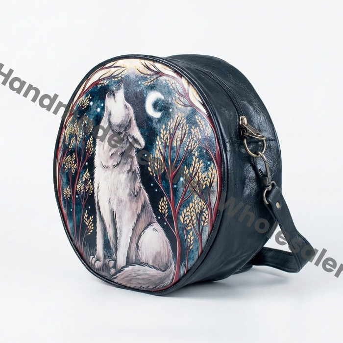 Howling Wolf Crossbody boho Round bag Leather strap Cottagecore forestcore purse, Cute women crossbody purse goth bag, hippies boho gift