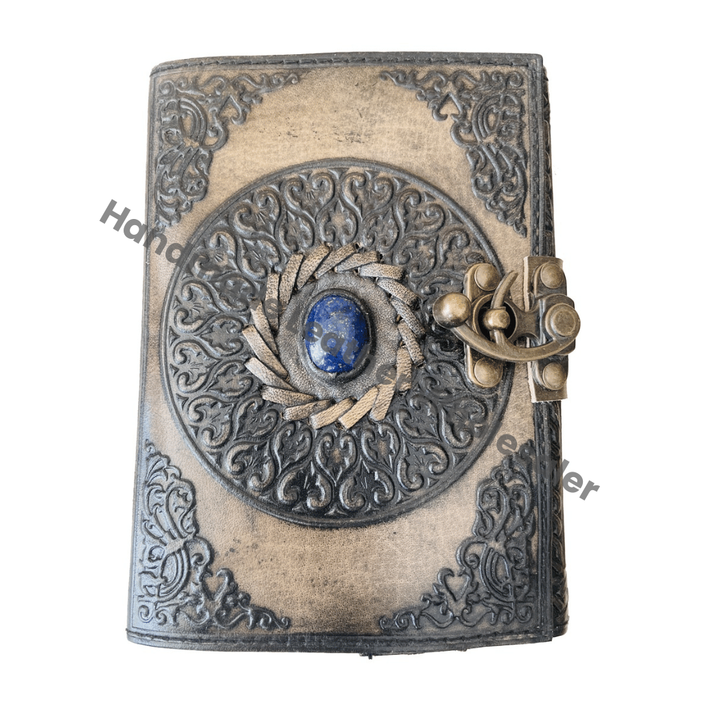 Handmade Leather Journal Notebook Traditional Design Stone Metal Closure Meditation Self Care Gift Option Custom Logo