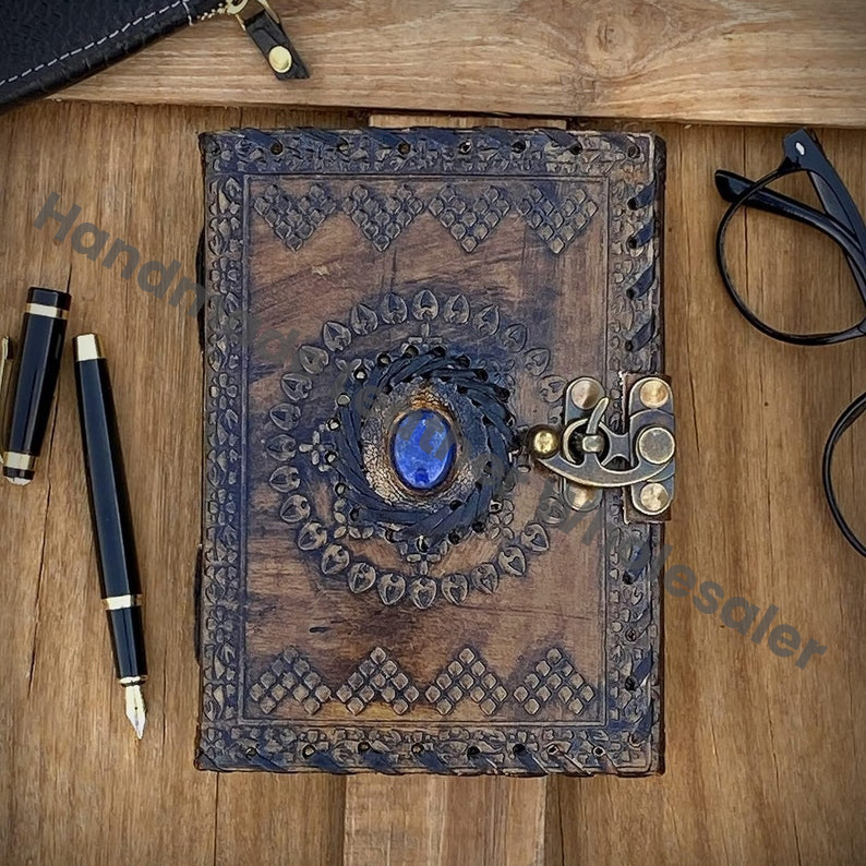 Lapis Lazuli Stone Leather Journal - Embossed Book of Shadows