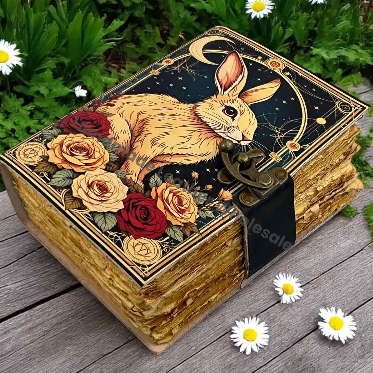 Large Easter Bunny Rabbit Vintage Handmade leather Journal, Grimoire Fat journal Blank spell book of shadows Christmas Gift Him Her