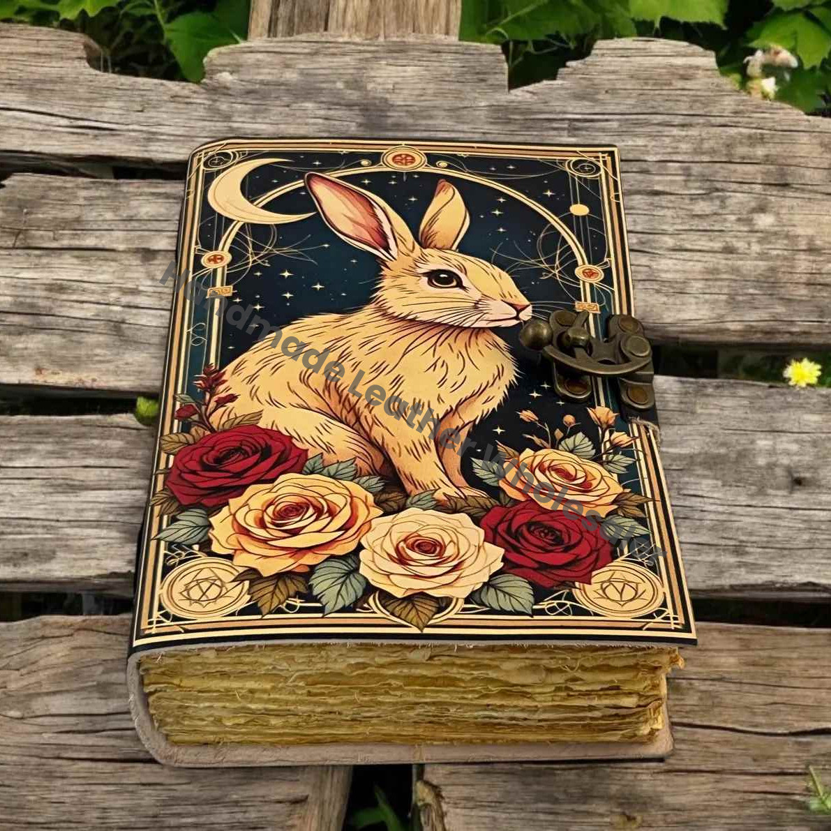 Large Easter Bunny Rabbit Vintage Handmade leather Journal, Grimoire Fat journal Blank spell book of shadows Christmas Gift Him Her