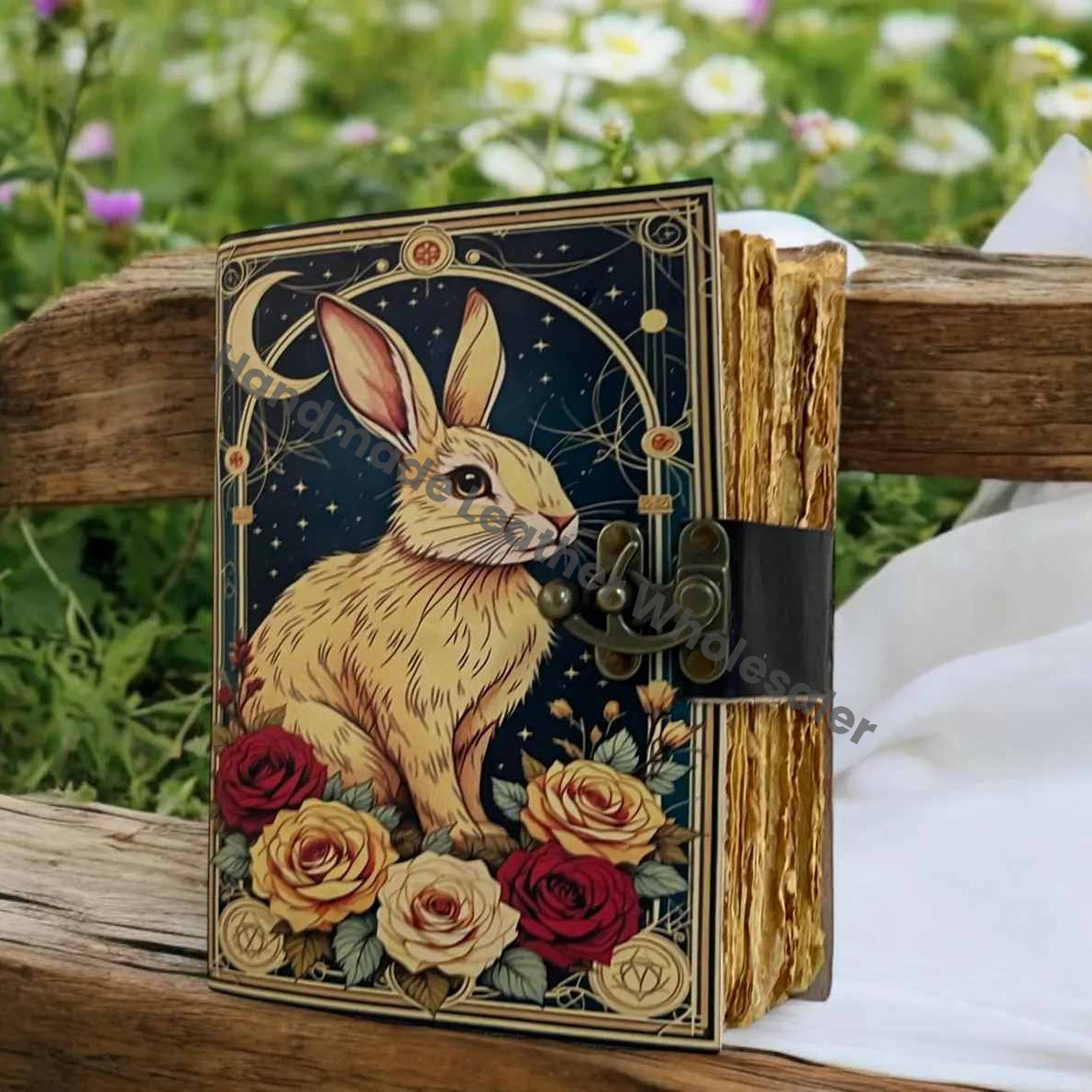 Large Easter Bunny Rabbit Vintage Handmade leather Journal, Grimoire Fat journal Blank spell book of shadows Christmas Gift Him Her