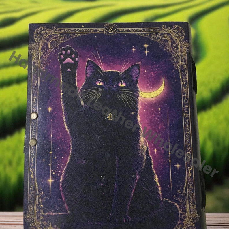 Large Cat journal Vintage Handmade leather Journal, Grimoire Fat journal Blank spell book of shadows Celestial Gifts For Him Her.