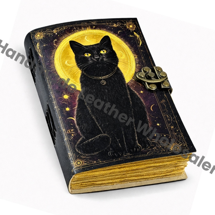 Large Cat journal Vintage Handmade leather Journal, Grimoire Fat journal Blank spell book of shadows Celestial Gifts For Him Her.