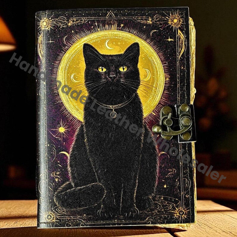 Large Cat journal Vintage Handmade leather Journal, Grimoire Fat journal Blank spell book of shadows Celestial Gifts For Him Her.