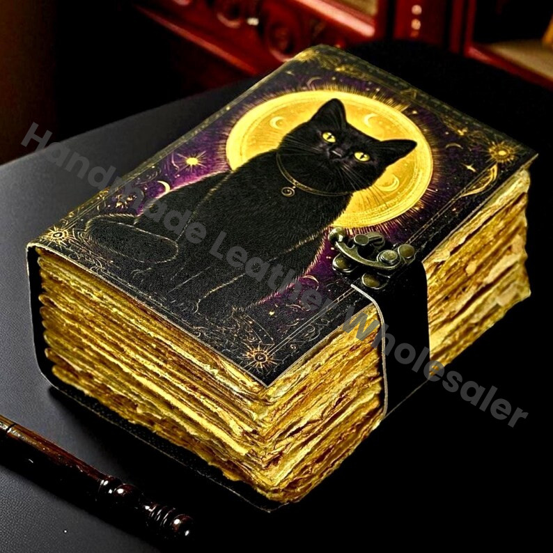 Large Cat journal Vintage Handmade leather Journal, Grimoire Fat journal Blank spell book of shadows Celestial Gifts For Him Her.