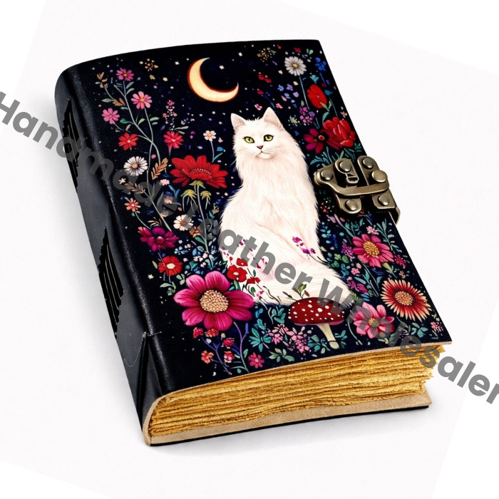 Large Cat journal Vintage Handmade leather Journal, Grimoire Fat journal Blank spell book of shadows Celestial Gifts For Him Her.