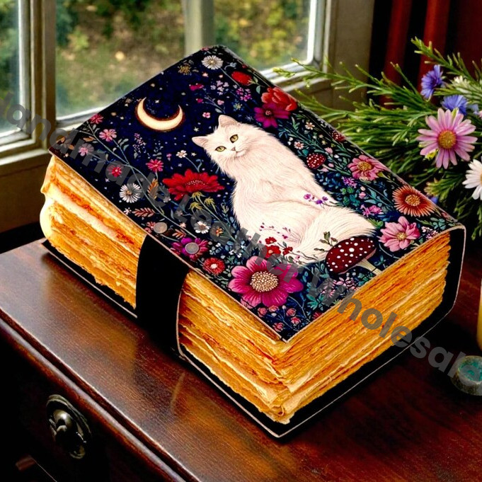 Large Cat journal Vintage Handmade leather Journal, Grimoire Fat journal Blank spell book of shadows Celestial Gifts For Him Her.