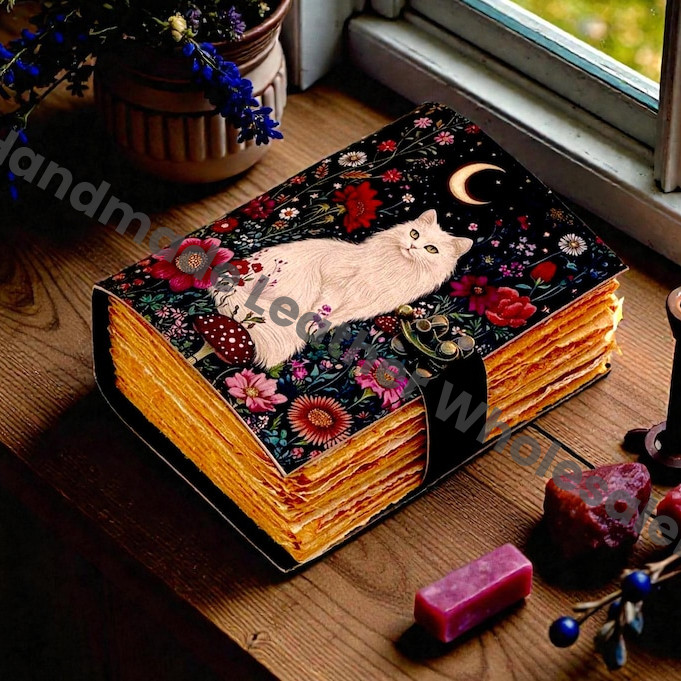 Large Cat journal Vintage Handmade leather Journal, Grimoire Fat journal Blank spell book of shadows Celestial Gifts For Him Her.