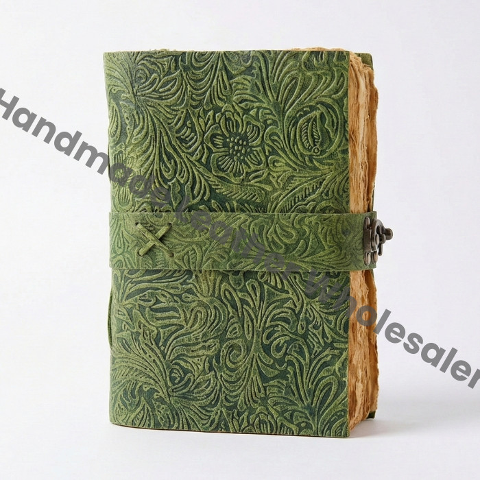 Large Green Leather Grimoire – Embossed Flower Book of Shadows, Vintage Witchcraft Spellbook, Wiccan Pagan Gothic Magic Gift