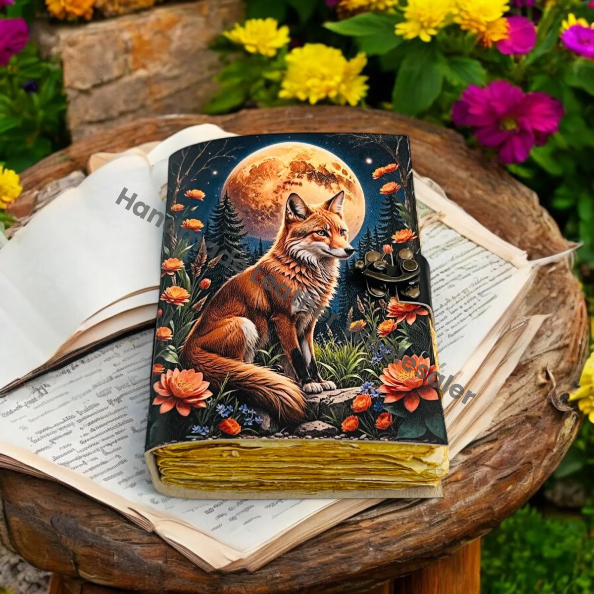 Large Grimoire Fox Leather Journal Notebook Blank Spell book of shadows journal
