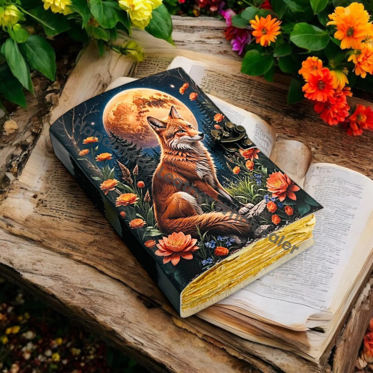 Large Grimoire Fox Leather Journal Notebook Blank Spell book of shadows journal