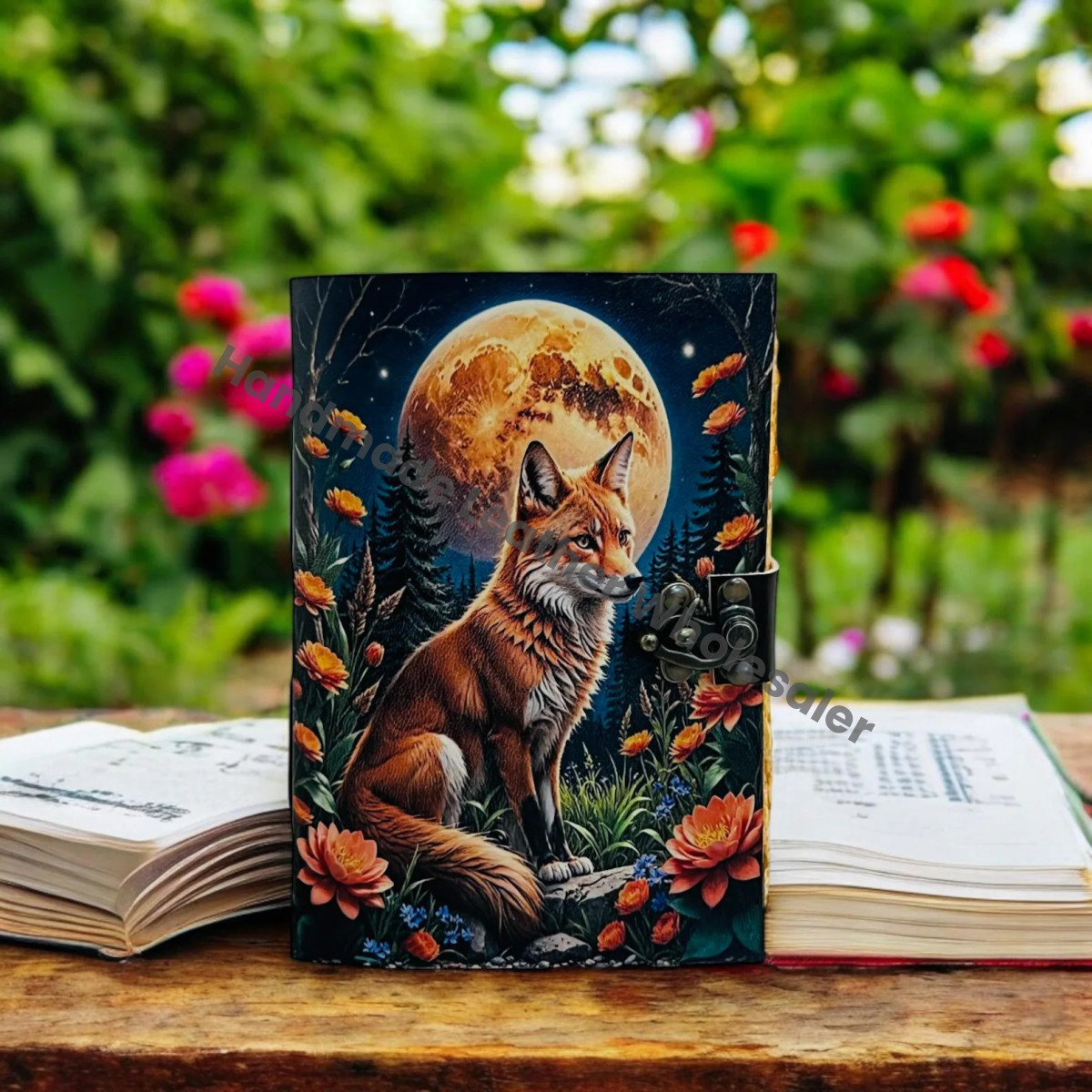 Large Grimoire Fox Leather Journal Notebook Blank Spell book of shadows journal