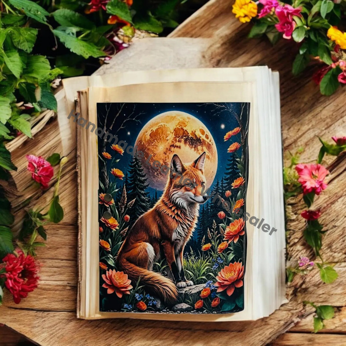 Large Grimoire Fox Leather Journal Notebook Blank Spell book of shadows journal