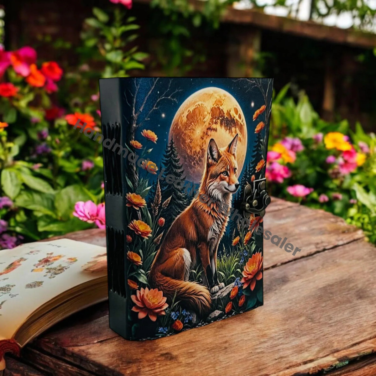Large Grimoire Fox Leather Journal Notebook Blank Spell book of shadows journal
