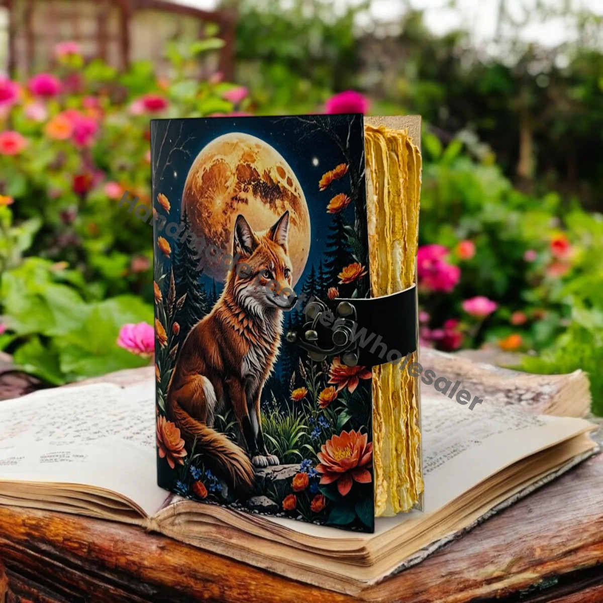 Large Grimoire Fox Leather Journal Notebook Blank Spell book of shadows journal