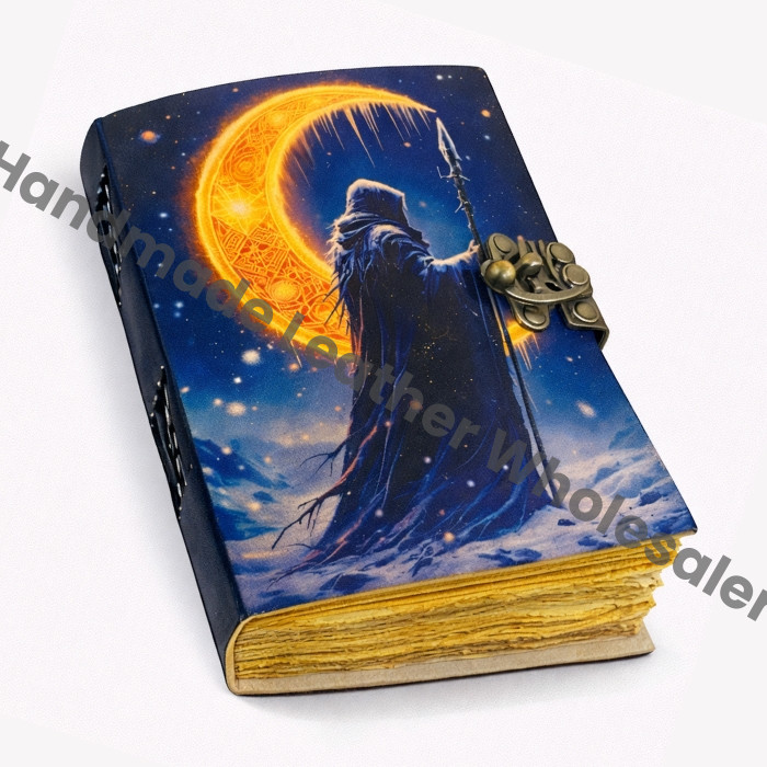 large Grimoire Handmade Leather Notebook – Crescent Mage Gothic Spell Antique deckle page