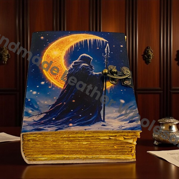 large Grimoire Handmade Leather Notebook – Crescent Mage Gothic Spell Antique deckle page