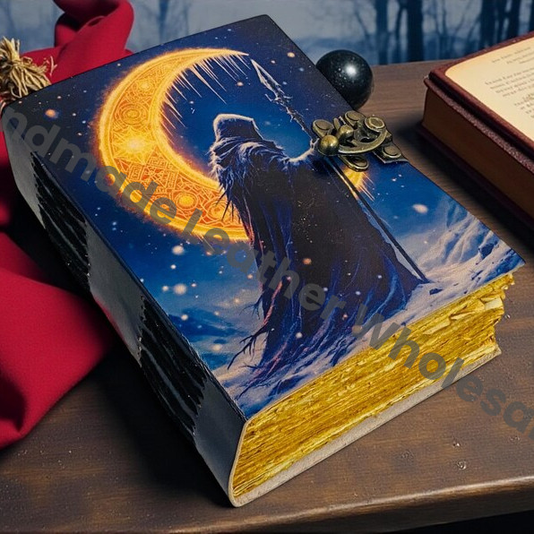 large Grimoire Handmade Leather Notebook – Crescent Mage Gothic Spell Antique deckle page