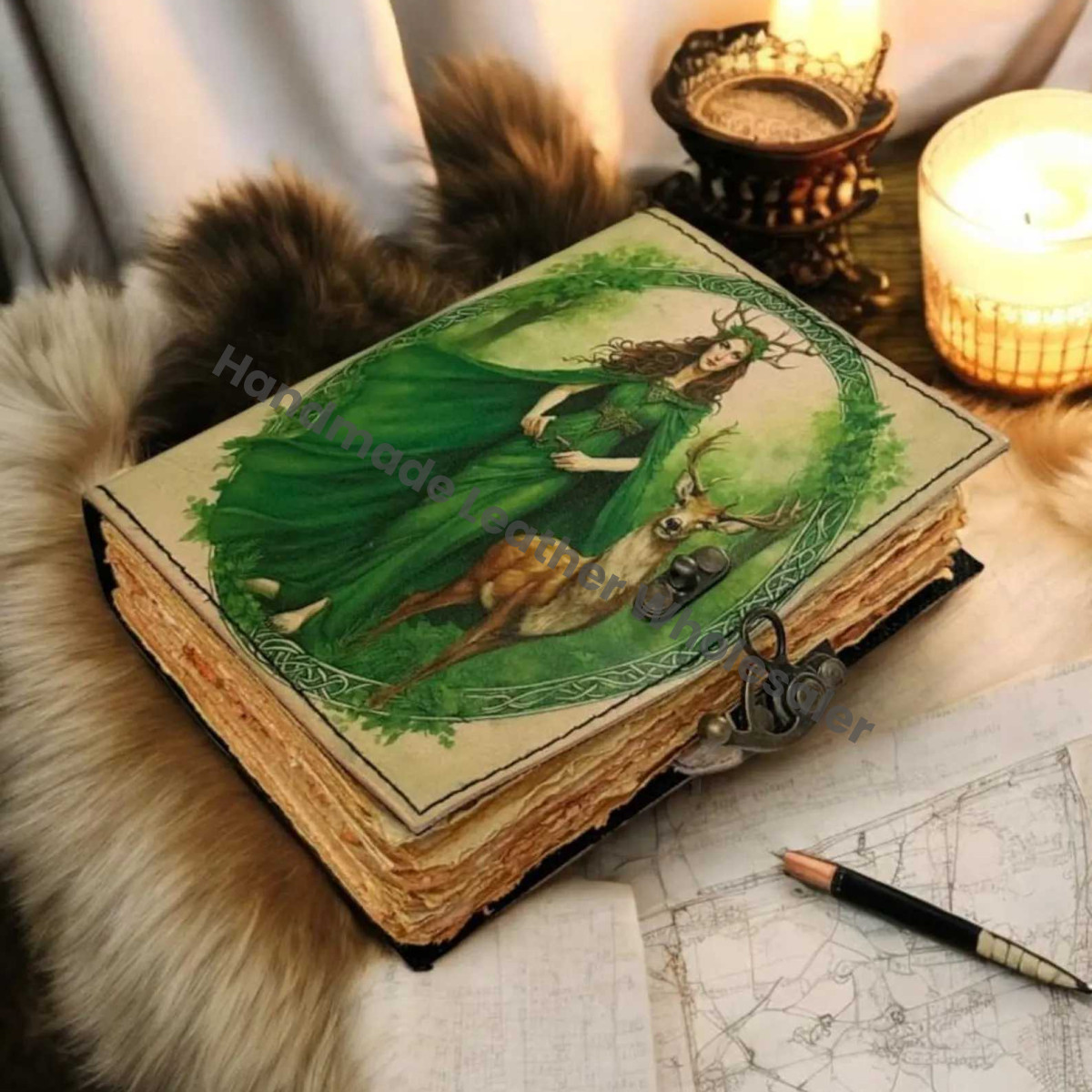 Large Grimoire leather journal • Fairy books Printed Blank spell book of shadows