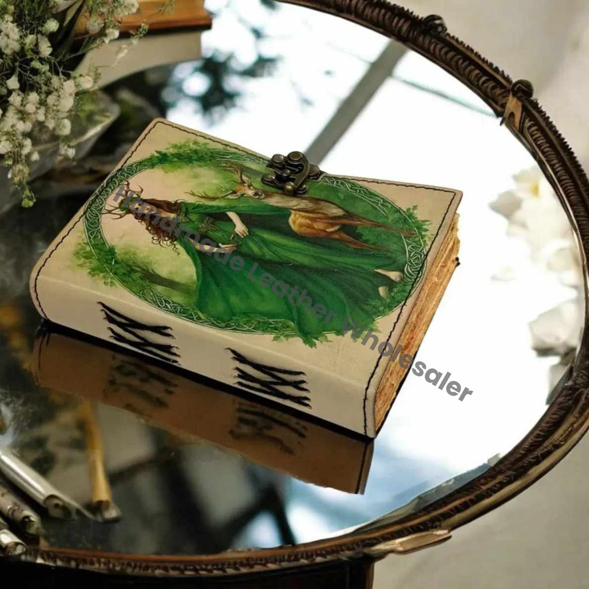 Large Grimoire leather journal • Fairy books Printed Blank spell book of shadows