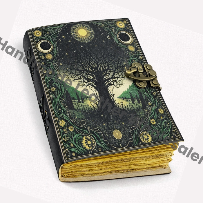 Large Grimoire leather journal, Print Tree of Life Journal, Blank spell book book of shadows Leather Celestial Gifts For Him Her.