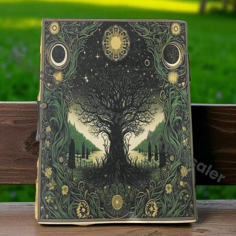 Large Grimoire leather journal, Print Tree of Life Journal, Blank spell book book of shadows Leather Celestial Gifts For Him Her.