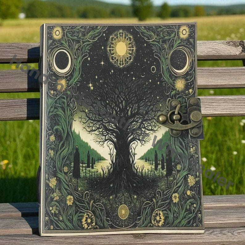Large Grimoire leather journal, Print Tree of Life Journal, Blank spell book book of shadows Leather Celestial Gifts For Him Her.