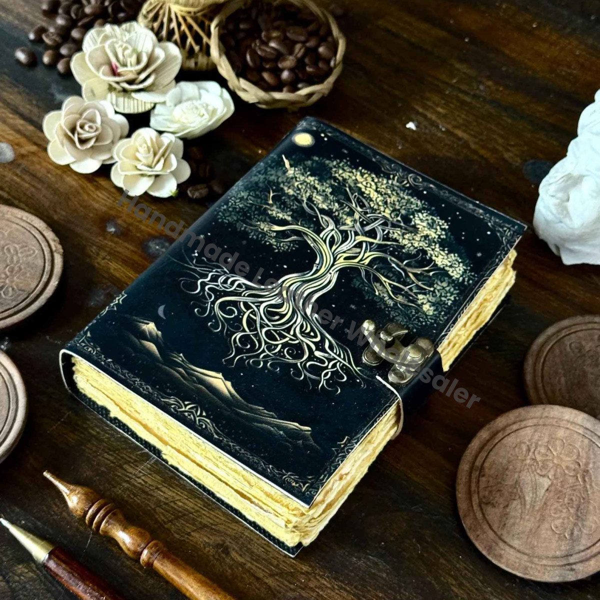 Large Grimoire leather journal, Print Tree of Life Journal, Blank spell book of shadows Leather