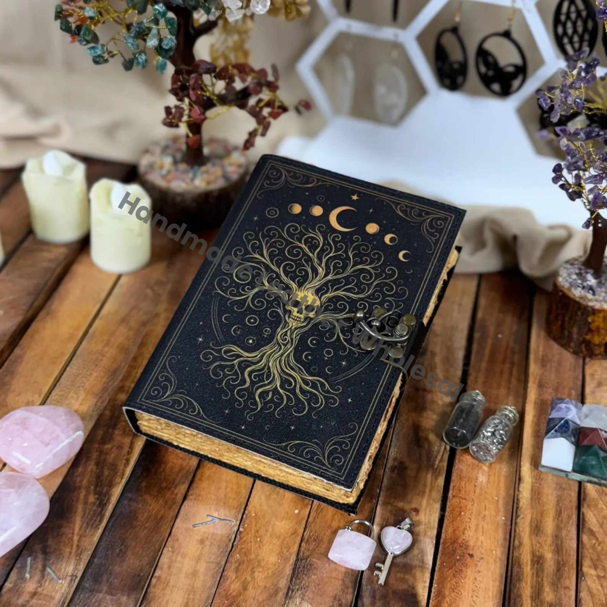 Tree of Life Leather Book of Spells – Witchcraft Book of Shadows with Lock | 200 & 400 Page Deckle Paper Gothic Wiccan Spell book