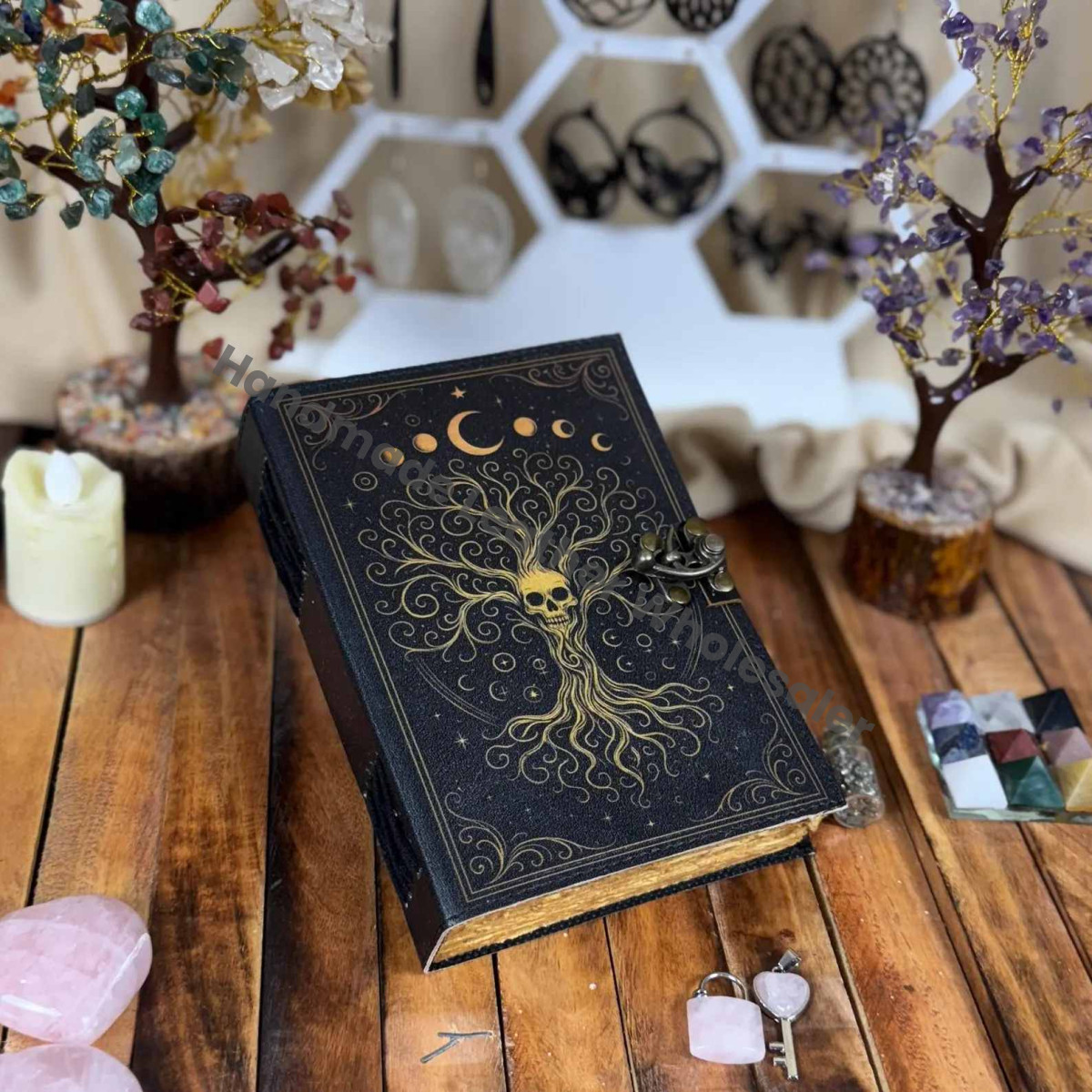 Tree of Life Leather Book of Spells – Witchcraft Book of Shadows with Lock | 200 & 400 Page Deckle Paper Gothic Wiccan Spell book