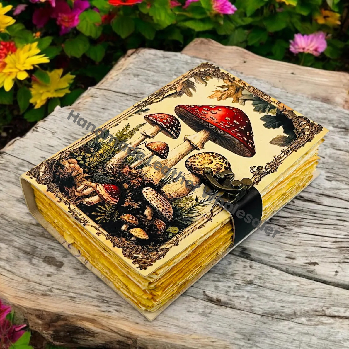 Large Grimoire Vintage Mushroom leather journal, Handmade Antique Deckle Edge Paper Spell Book of Shadows Journal