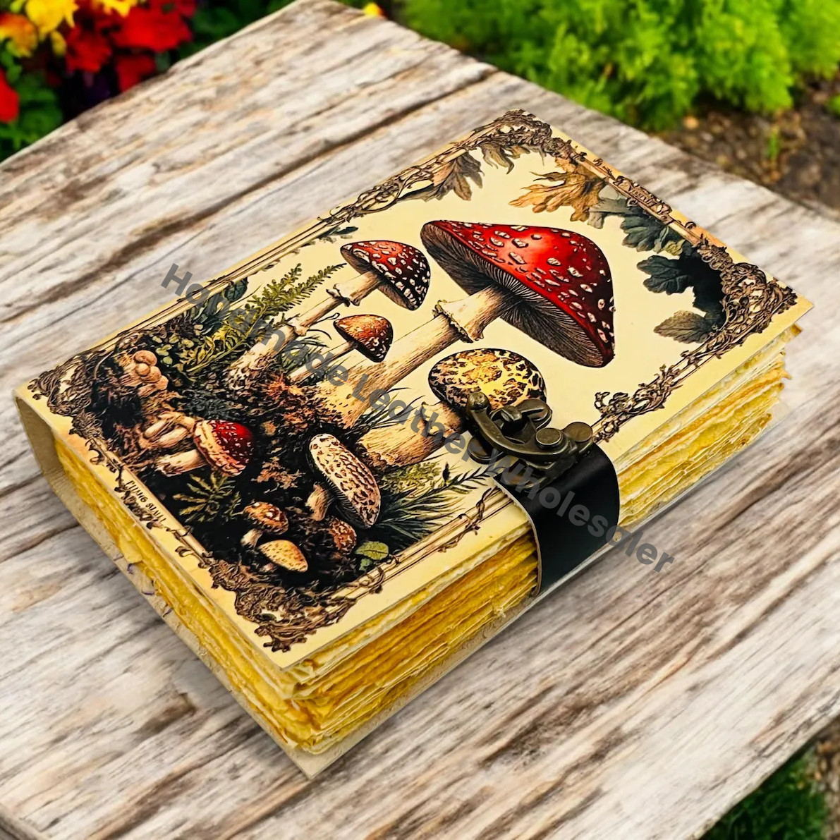 Large Grimoire Vintage Mushroom leather journal, Handmade Antique Deckle Edge Paper Spell Book of Shadows Journal