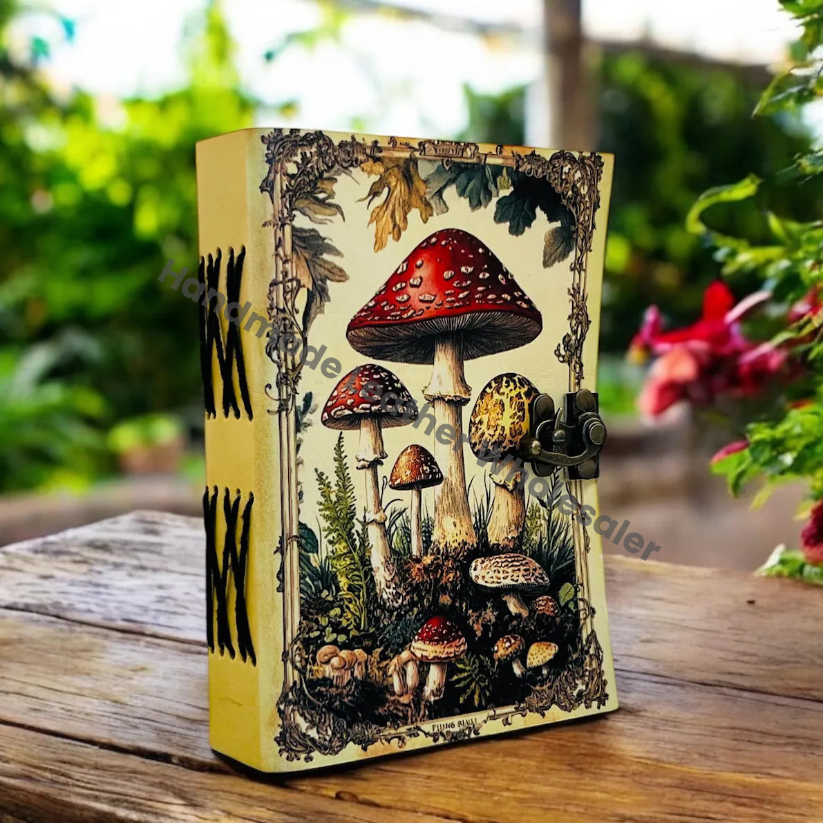 Large Grimoire Vintage Mushroom leather journal, Handmade Antique Deckle Edge Paper Spell Book of Shadows Journal
