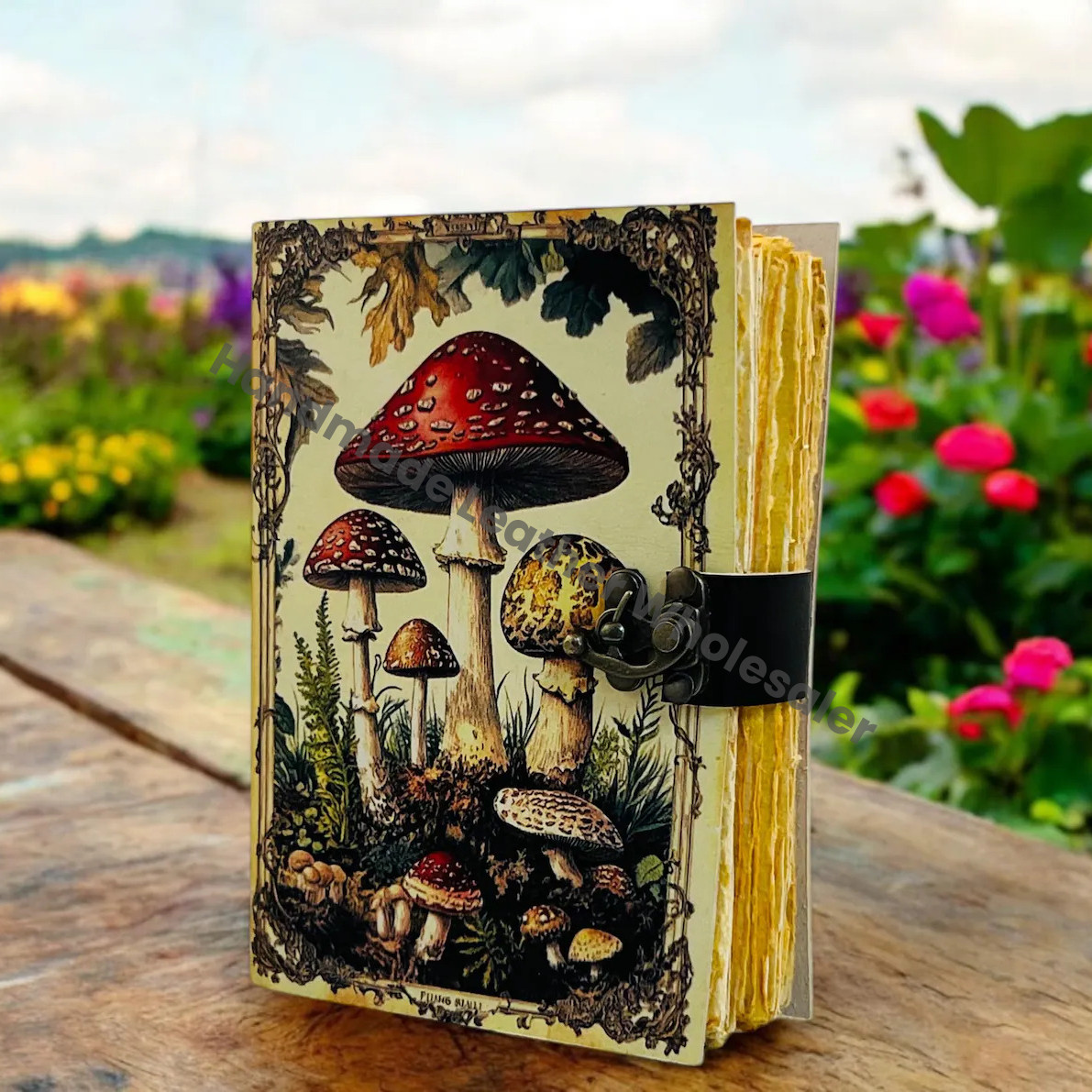 Large Grimoire Vintage Mushroom leather journal, Handmade Antique Deckle Edge Paper Spell Book of Shadows Journal