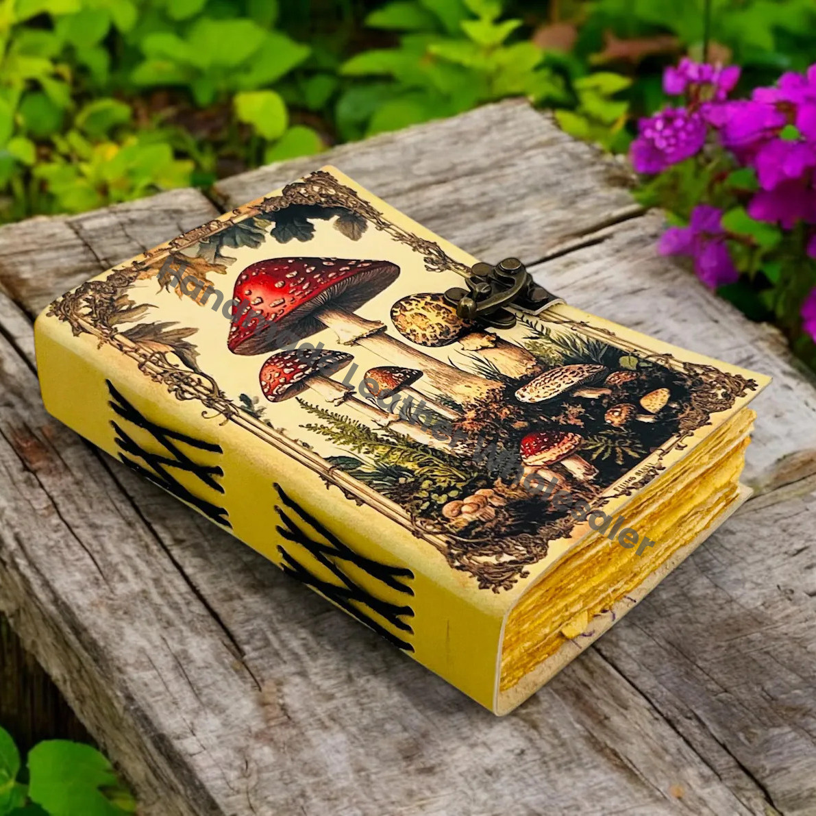 Large Grimoire Vintage Mushroom leather journal, Handmade Antique Deckle Edge Paper Spell Book of Shadows Journal