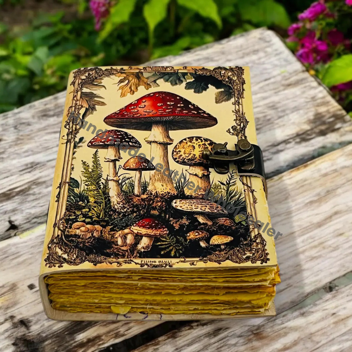 Large Grimoire Vintage Mushroom leather journal, Handmade Antique Deckle Edge Paper Spell Book of Shadows Journal