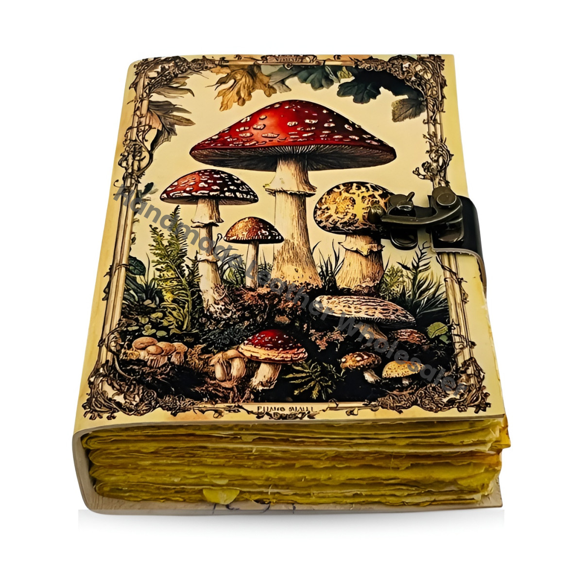 Large Grimoire Vintage Mushroom leather journal, Handmade Antique Deckle Edge Paper Spell Book of Shadows Journal