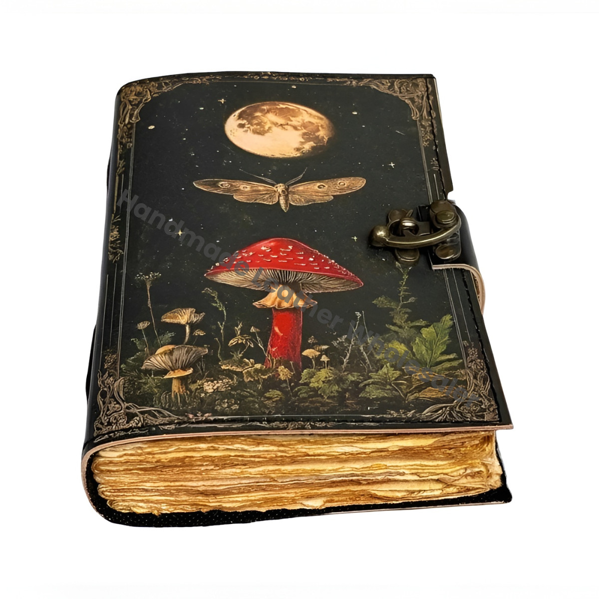 Large Grimoire Vintage Mushroom leather journal, Handmade Antique Deckle Edge Paper Spell