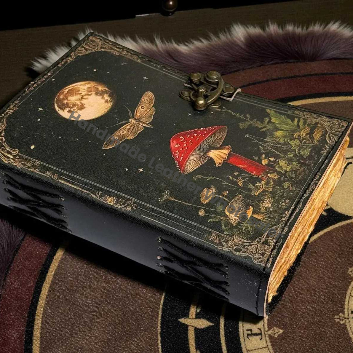 Large Grimoire Vintage Mushroom leather journal, Handmade Antique Deckle Edge Paper Spell