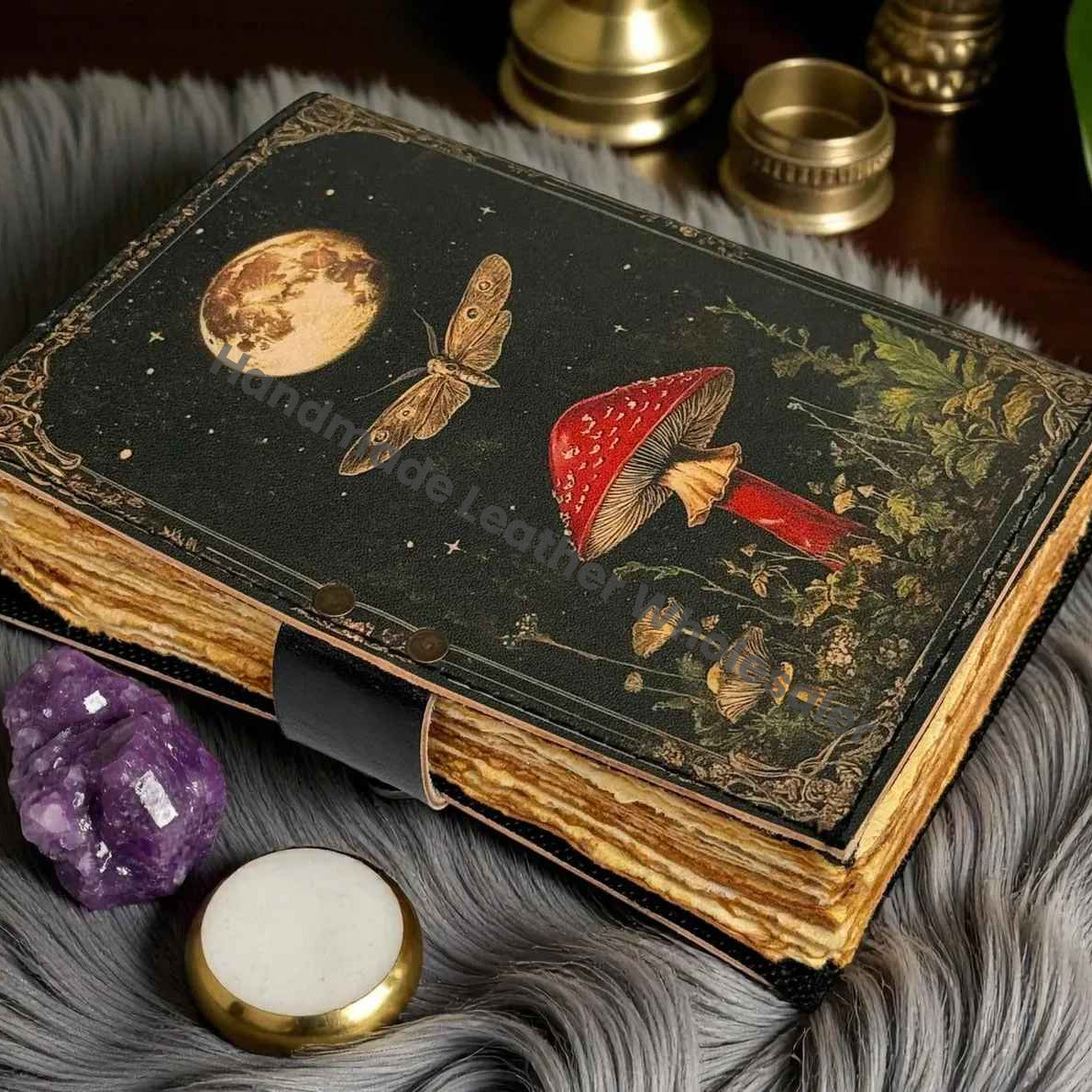 Large Grimoire Vintage Mushroom leather journal, Handmade Antique Deckle Edge Paper Spell