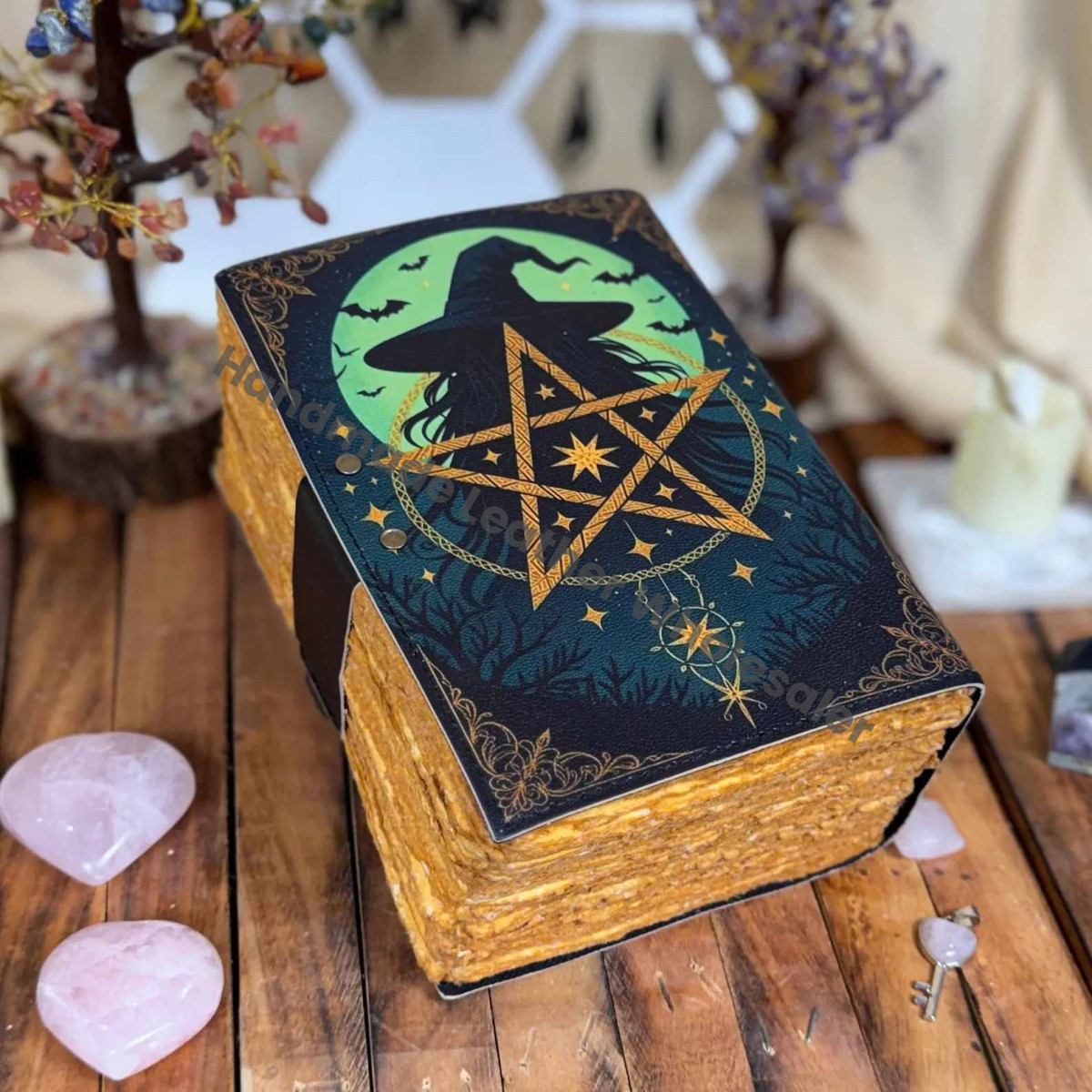 Large Grimoire Vintage Witch Moon leather journal, Handmade Antique Deckle Edge Paper Spell Book of Shadows Journal for gifts