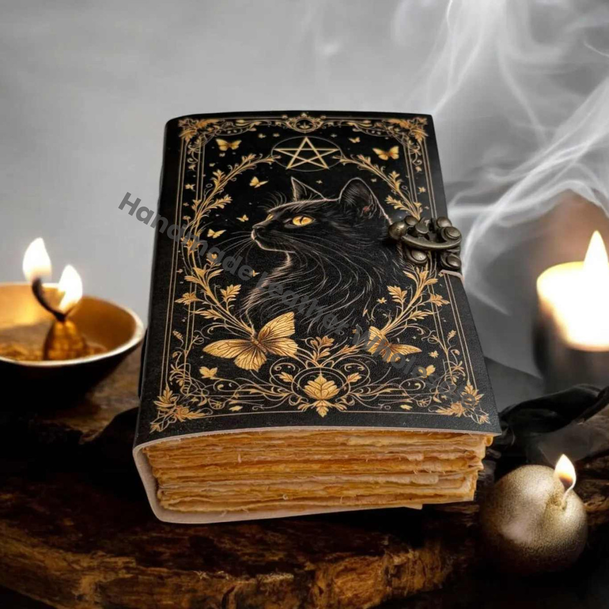 Large Leather Grimoire Journal: Cat Print Spell Book of Shadows